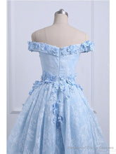 Off the Shoulder Blue Prom Dresses Lace Applique,  High Low Prom Dress